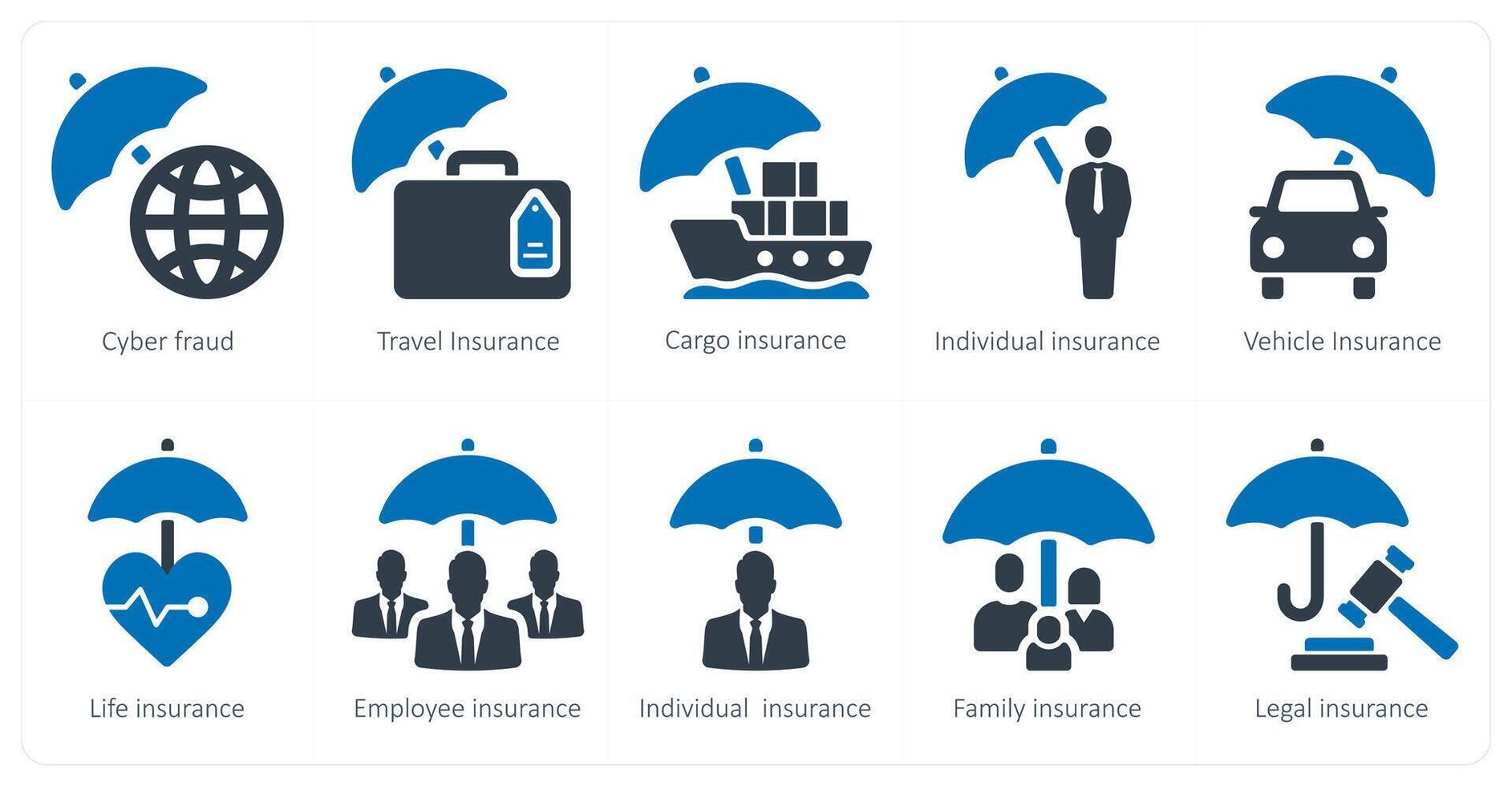 een reeks van 10 verzekering pictogrammen net zo cyber fraude, reizen verzekering, lading verzekering vector