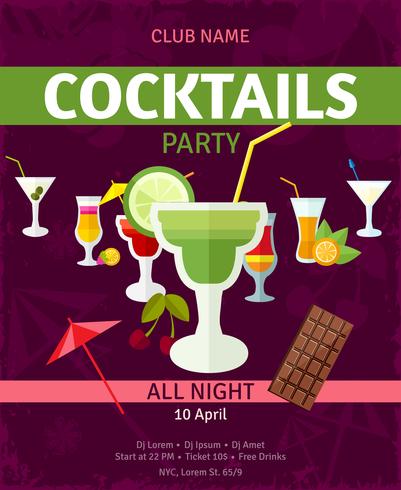 Tropische cocktails nacht feest uitnodiging poster vector