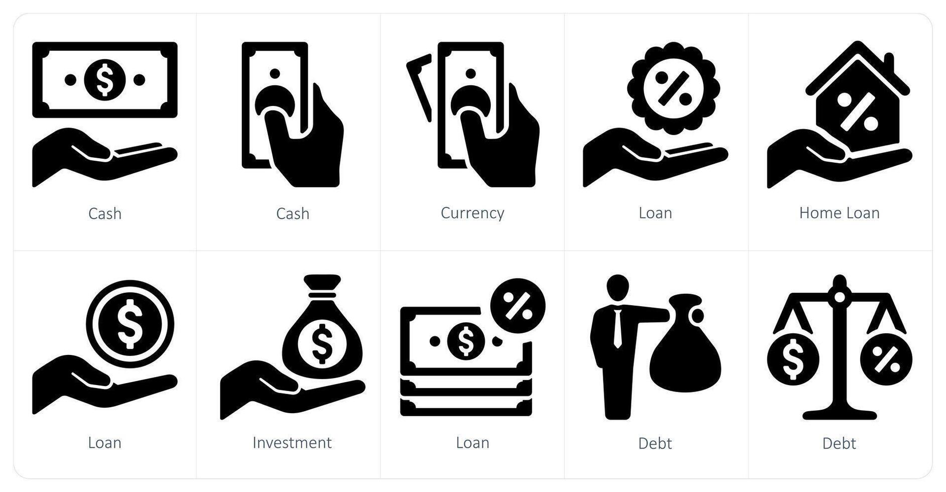 een reeks van 10 lening en schuld pictogrammen net zo contant geld, munteenheid, lening vector