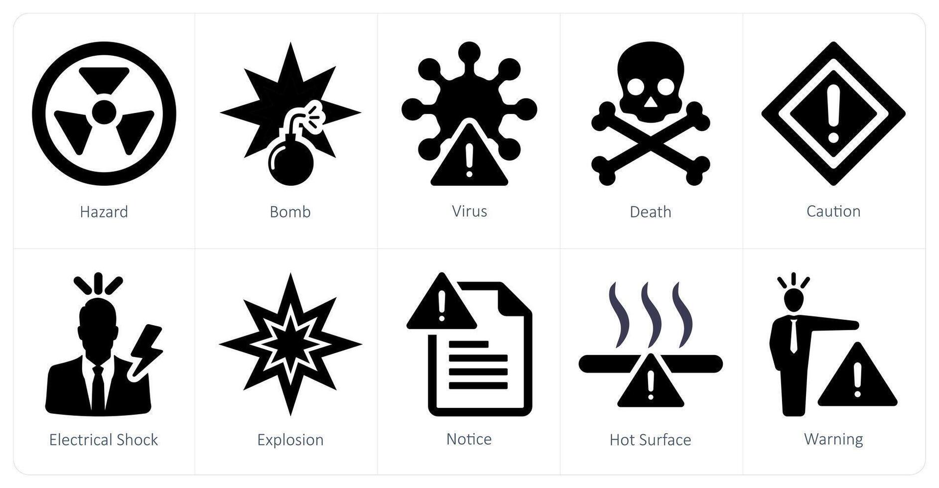 een reeks van 10 risico Gevaar pictogrammen net zo gevaar, bom, virus, dood vector
