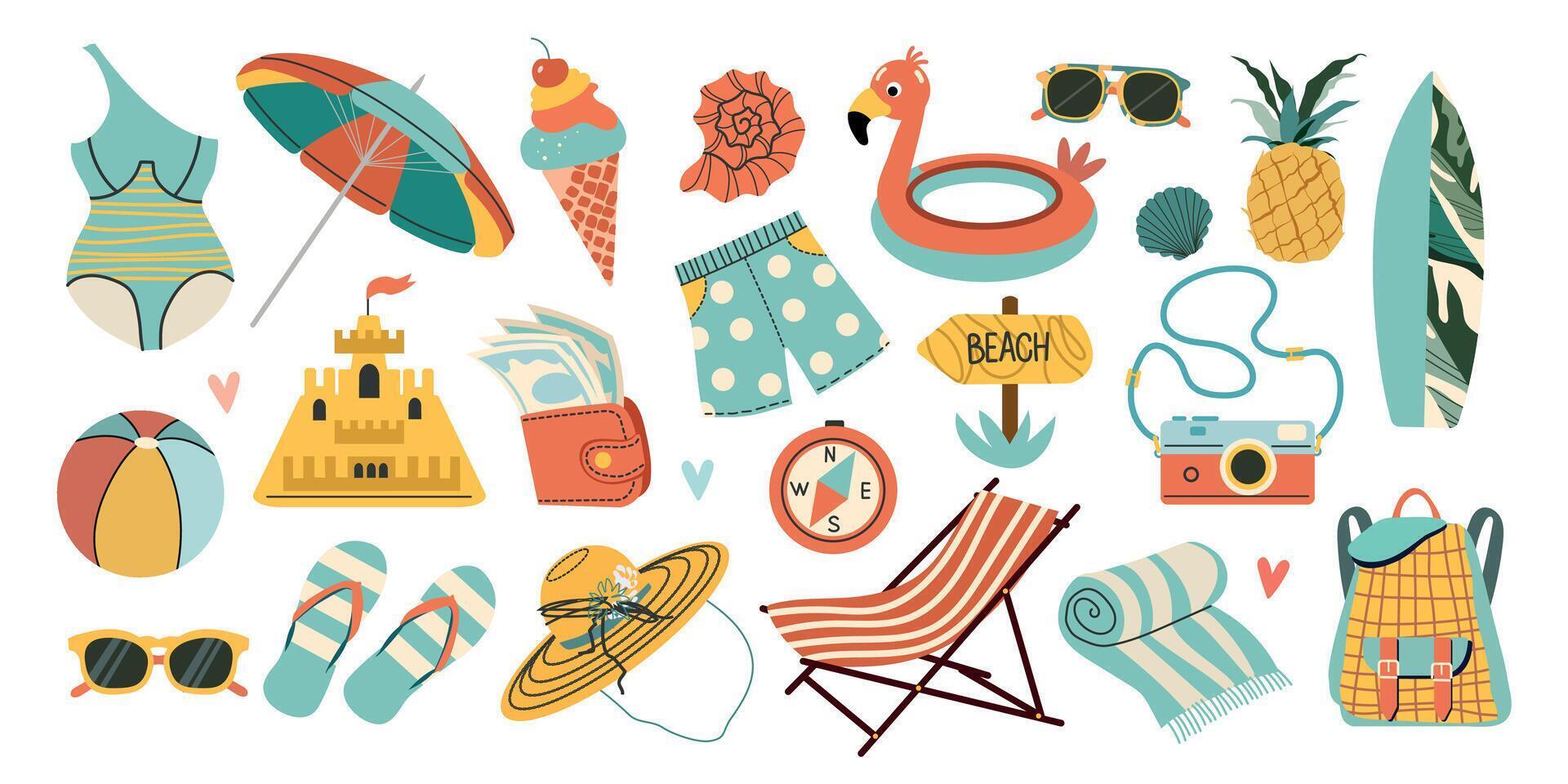 reeks van zomer stickers. pictogrammen voor tropisch vakantie. seizoensgebonden elementen verzameling. pictogrammen, tekens, spandoeken. helder zomertijd poster. vector