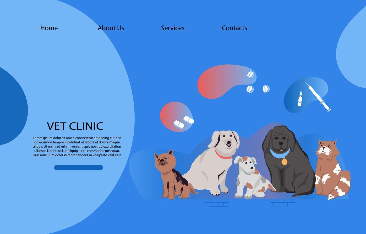 veterinair kliniek website banier sjabloon met honden en katten tekenfilm karakters. dierenarts dokter dieren Gezondheid zorg Diensten reclame webpagina mockup met grappig huisdieren. vector