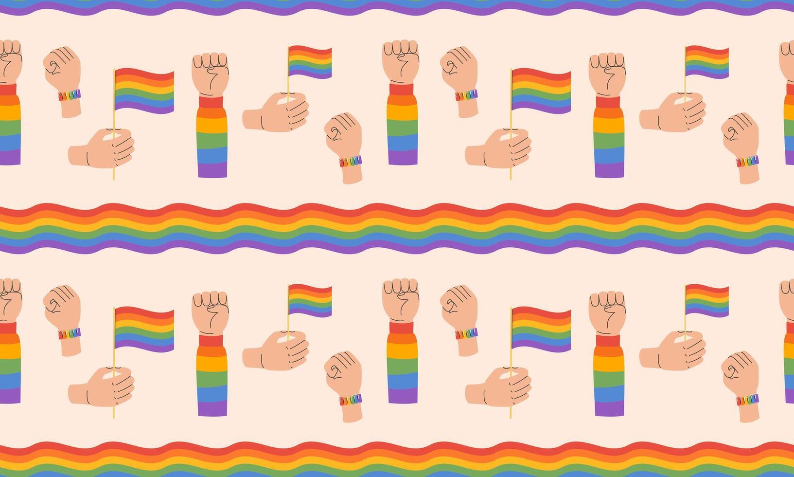 naadloos patroon met symbool van lgbtq trots gemeenschap. hand- Holding regenboog lgbt vlag. verheven vuist gebaar. lgbt trots maand. illustratie vector