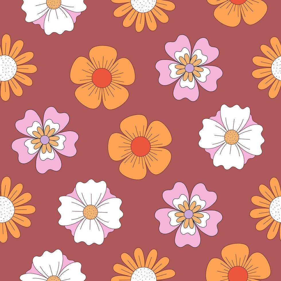 retro wijnoogst bloemen patroon. gemakkelijk hand- getrokken bloemen Aan bordeaux achtergrond. illustratie vector