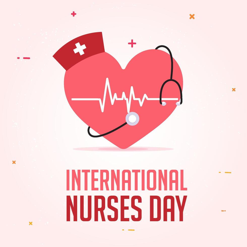 Internationale verpleegsters dag concept sjabloon met typografie pet stethoscoop en hart vector
