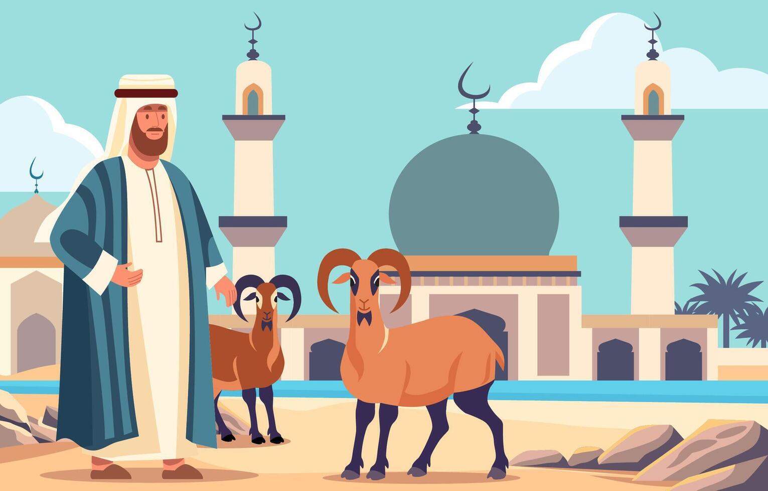 Arabisch moslim Mens met schapen geit in voorkant van moskee voor Islamitisch eid al adha vector