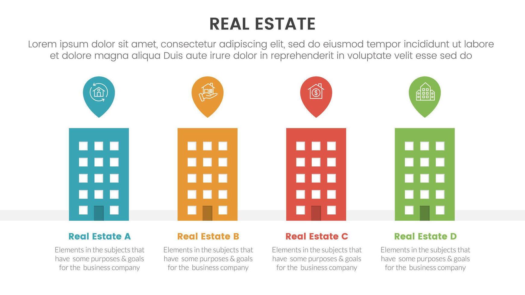 echt landgoed eigendom infographic sjabloon banier met hotel gebouw horizontaal met pin label plaats markeerstift met 4 punt lijst informatie voor glijbaan presentatie vector