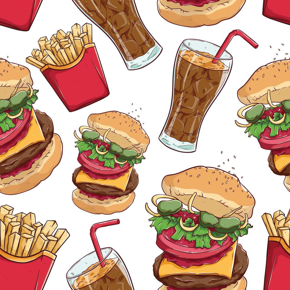 hand- tekening smakelijk hamburger naadloos patroon met Frans Patat en Frisdrank drinken vector