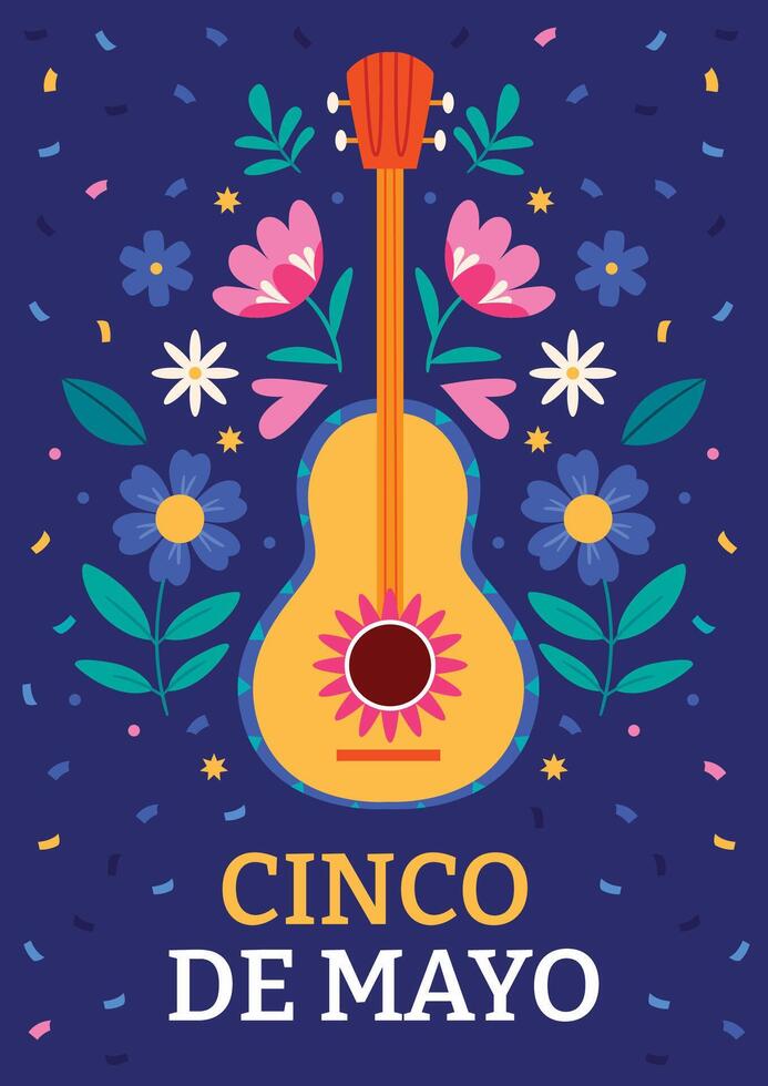 poster voor Mexicaans feest en traditioneel vakantie - belettering, gitaar, jalapeño, limoen en bloemen. modern illustratie Aan donker achtergrond. vector