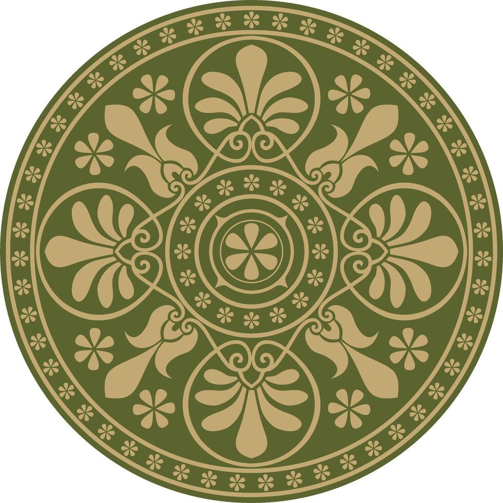 goud met groen klassiek Grieks ronde ornament. cirkel van oude Griekenland en de Romeins rijk. byzantijns schilderij van muren, vloeren en plafonds. decoratie van Europese paleizen vector