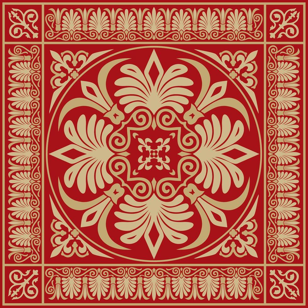 goud met rood klassiek Grieks plein ornament. rechthoek van oude Griekenland en Romeins rijk. byzantijns schilderij van muren, vloeren en plafonds. decoratie van Europese paleizen vector