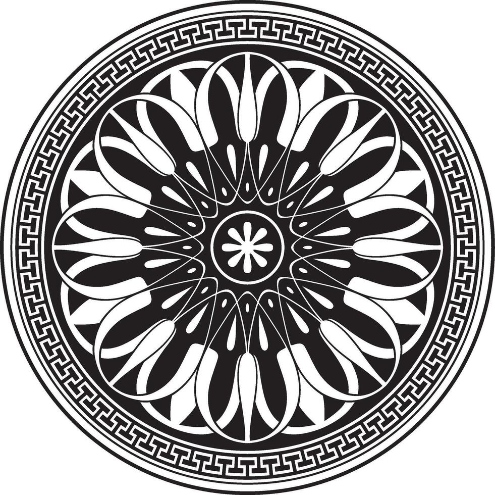 zwart monochroom klassiek Grieks ronde ornament. cirkel van oude Griekenland en de Romeins rijk. byzantijns schilderij van muren, vloeren en plafonds. decoratie van Europese paleizen vector