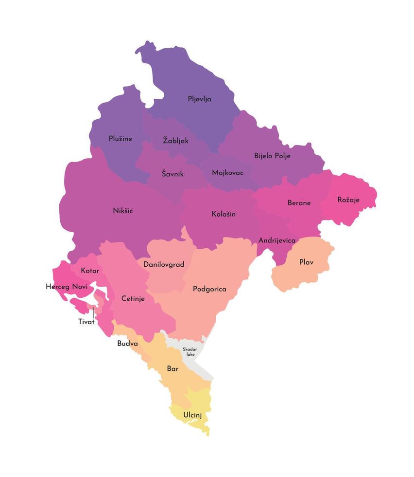 geïsoleerd illustratie van vereenvoudigd administratief kaart van Montenegro. borders en namen van de Regio's. multi gekleurde silhouetten. vector