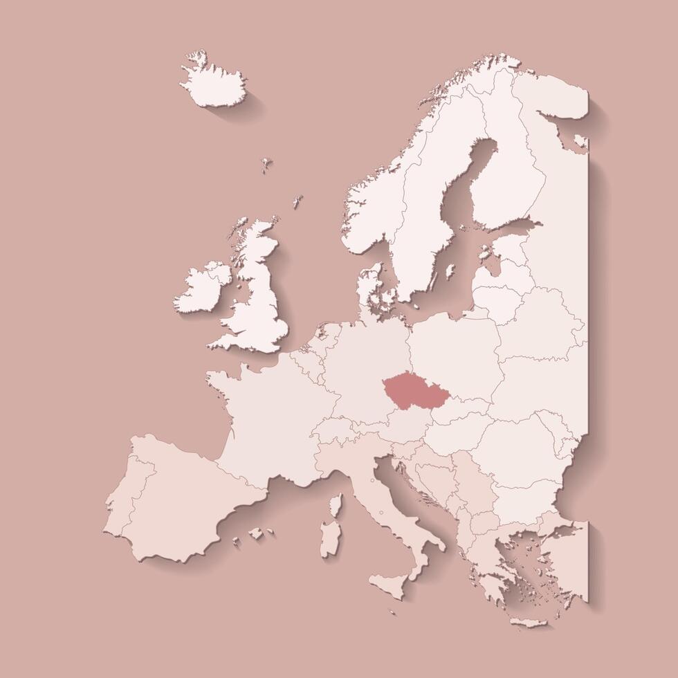 illustratie met Europese land- met borders van staten en gemarkeerd land Tsjechisch republiek. politiek kaart in bruin kleuren met westers, zuiden en enz Regio's. beige achtergrond vector