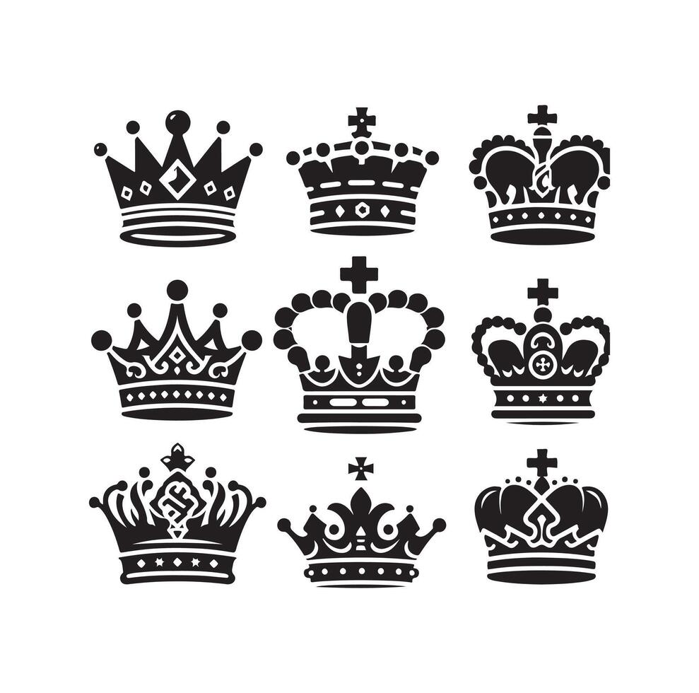 koningen kroon icoon reeks illustratie silhouet stijl vector