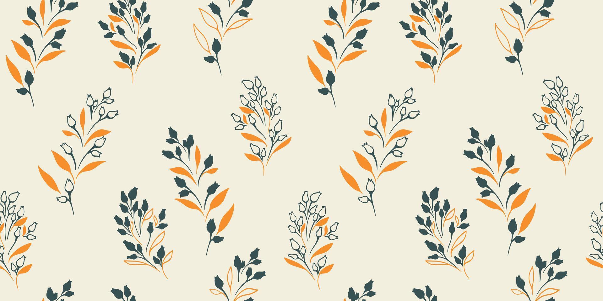 minimalistische naadloos patroon met hand- getrokken schetsen vlak takken met klein bladeren, bloemknoppen bloemen. wijnoogst retro gemakkelijk wild bloemen afdrukken. collage sjabloon voor ontwerpen, kleding stof, textiel vector