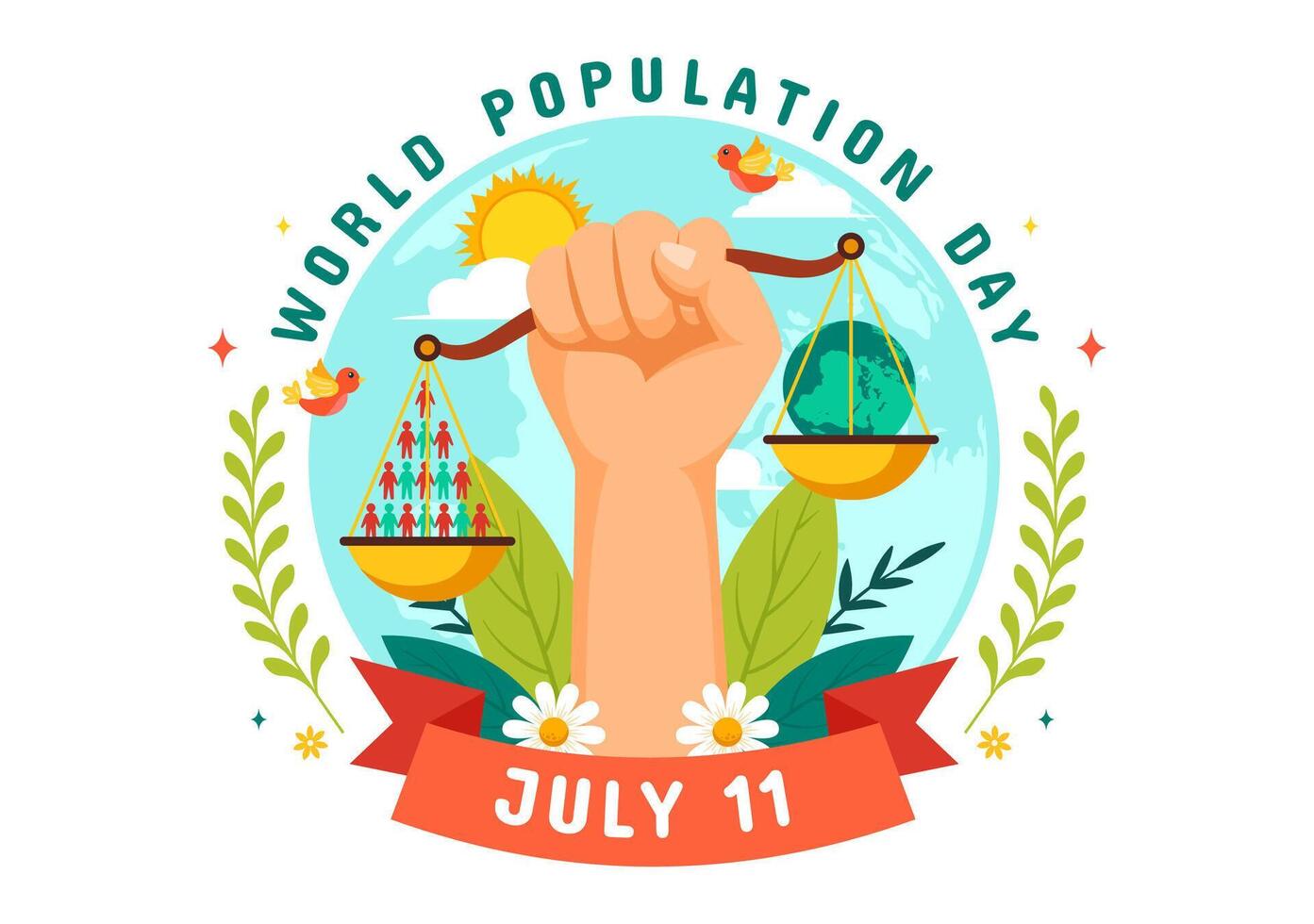 wereld bevolking dag illustratie Aan 11e juli naar verhogen bewustzijn van globaal populaties problemen in vlak kinderen tekenfilm achtergrond vector