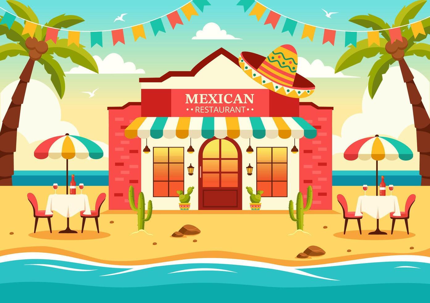 Mexicaans voedsel restaurant illustratie met divers van heerlijk traditioneel keuken taco's, nacho's en andere Aan vlak tekenfilm achtergrond vector