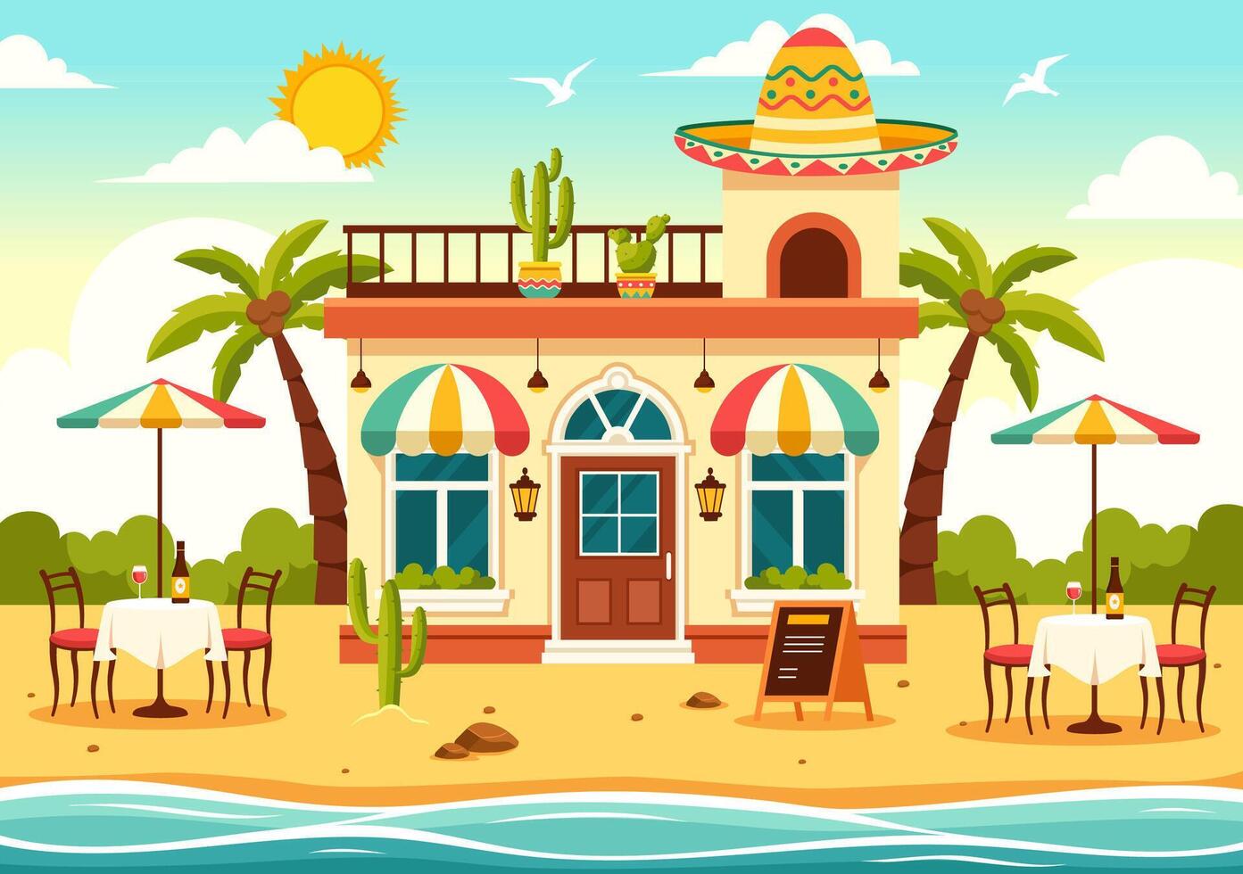 Mexicaans voedsel restaurant illustratie met divers van heerlijk traditioneel keuken taco's, nacho's en andere Aan vlak tekenfilm achtergrond vector
