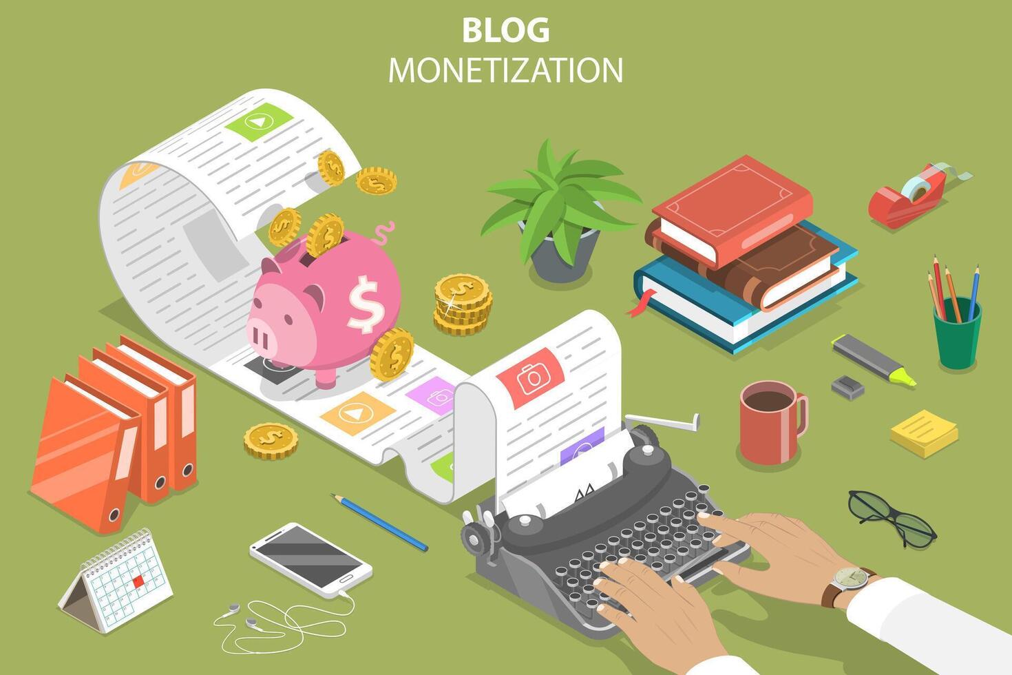 3d isometrische vlak conceptuele illustratie van hoe naar geld verdienen een blog vector