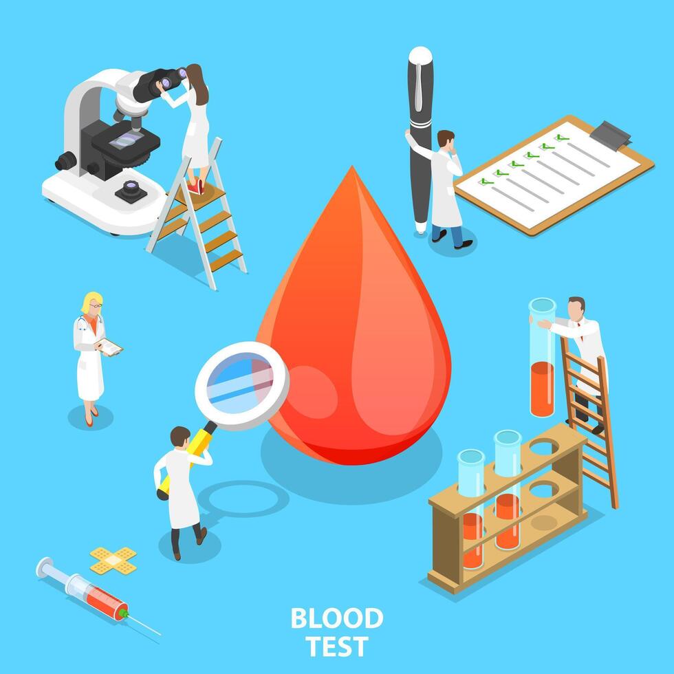 isometrische vlak concept van bloed test procedure. vector