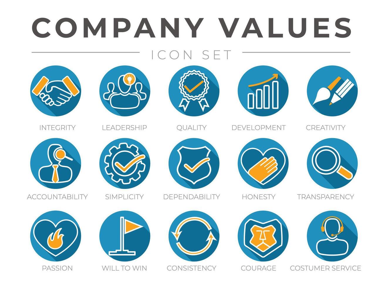 bedrijf kern waarden ronde vlak icoon set. integriteit, leiderschap, kwaliteit en ontwikkeling, creativiteit, verantwoordelijkheid, eenvoud, betrouwbaarheid, eerlijkheid, transparantie, passie pictogrammen. vector