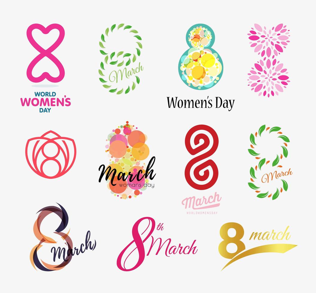 internationale womens dag emblemen set, 8 maart, vector iconen, begin van de lente en vrouwen s vakantie symbolen.