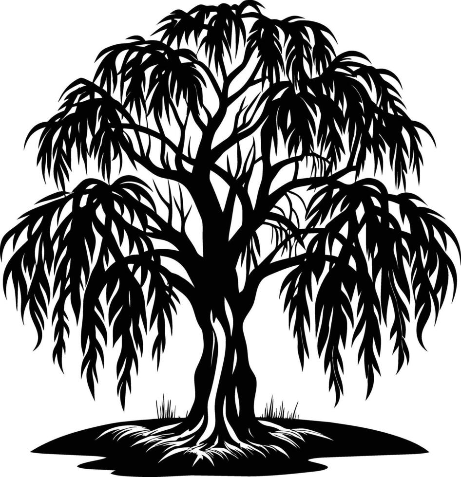 een zwart en wit silhouet van een wilg boom vector