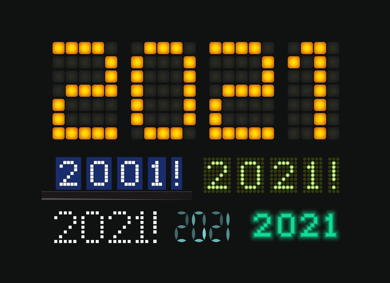 cijfers 2021 vectorset, gloeiende cijfers op elektrisch display. tekens voor trendy futuristische nieuwjaarskaart, digitaal display en scorebord voor bedrijven. vector illustratie