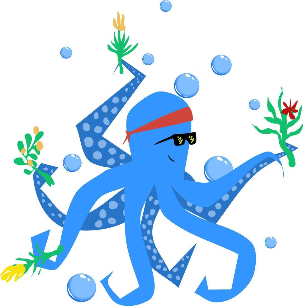 vrolijk blauw Octopus in bril en rood armband draag- voorjaar bloemen ergens vector