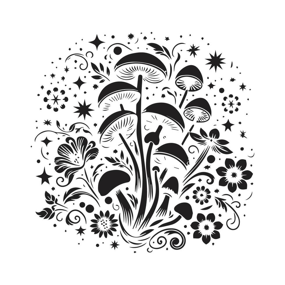 een harmonisch mengsel van champignons en decoratief bloemen met ster illustratie vector