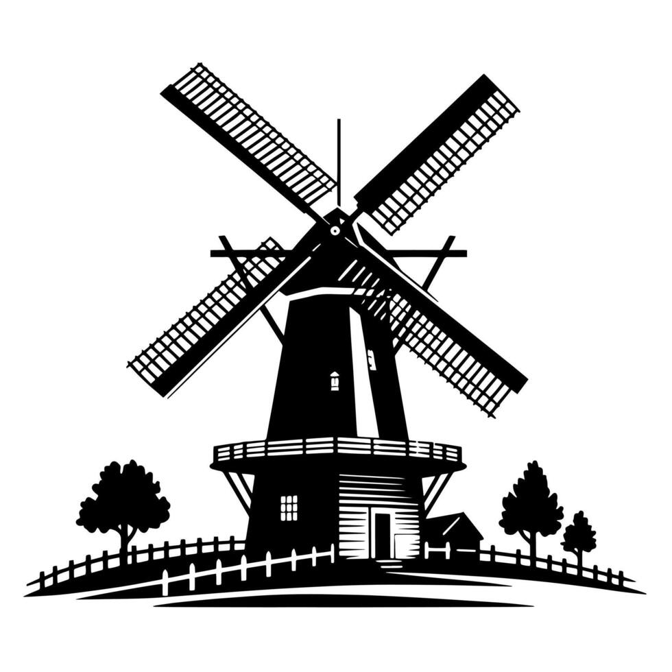 zwart en wit illustratie van een traditioneel oud windmolen in Holland vector