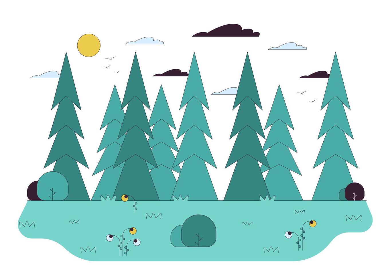 diep pijnboom Woud lijn tekenfilm vlak illustratie. reislust vrije tijd. Spar bomen groeit in de buurt met gras begroeid glade 2d lijn kunst voorwerpen geïsoleerd Aan wit achtergrond. ontdekking wild natuur tafereel kleur beeld vector