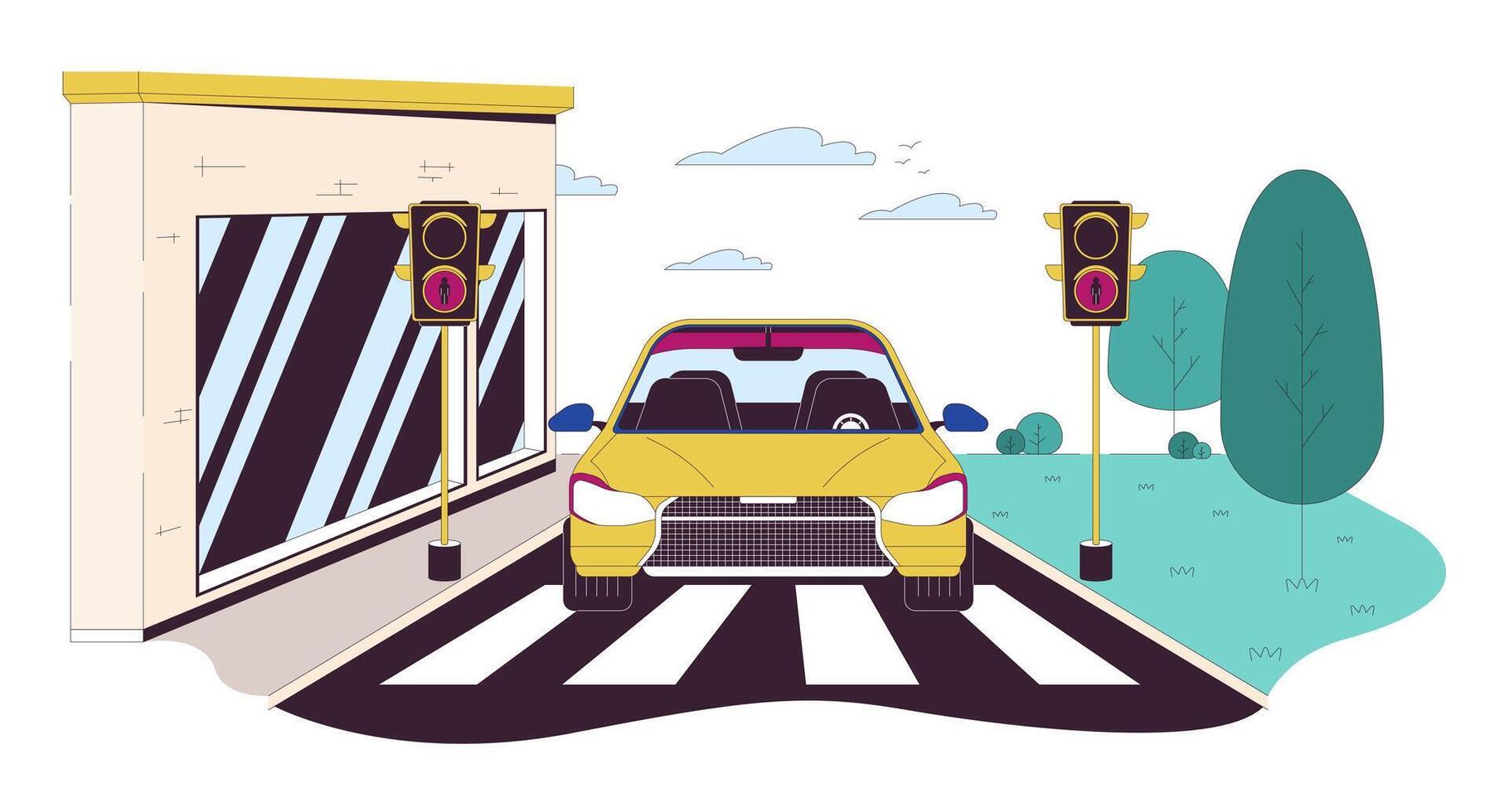 auto gestopt Bij rood licht lijn tekenfilm vlak illustratie. verkeer regulatie in stedelijk wijk 2d lijn kunst voorwerpen geïsoleerd Aan wit achtergrond. het rijden voertuig in stad tafereel kleur beeld vector