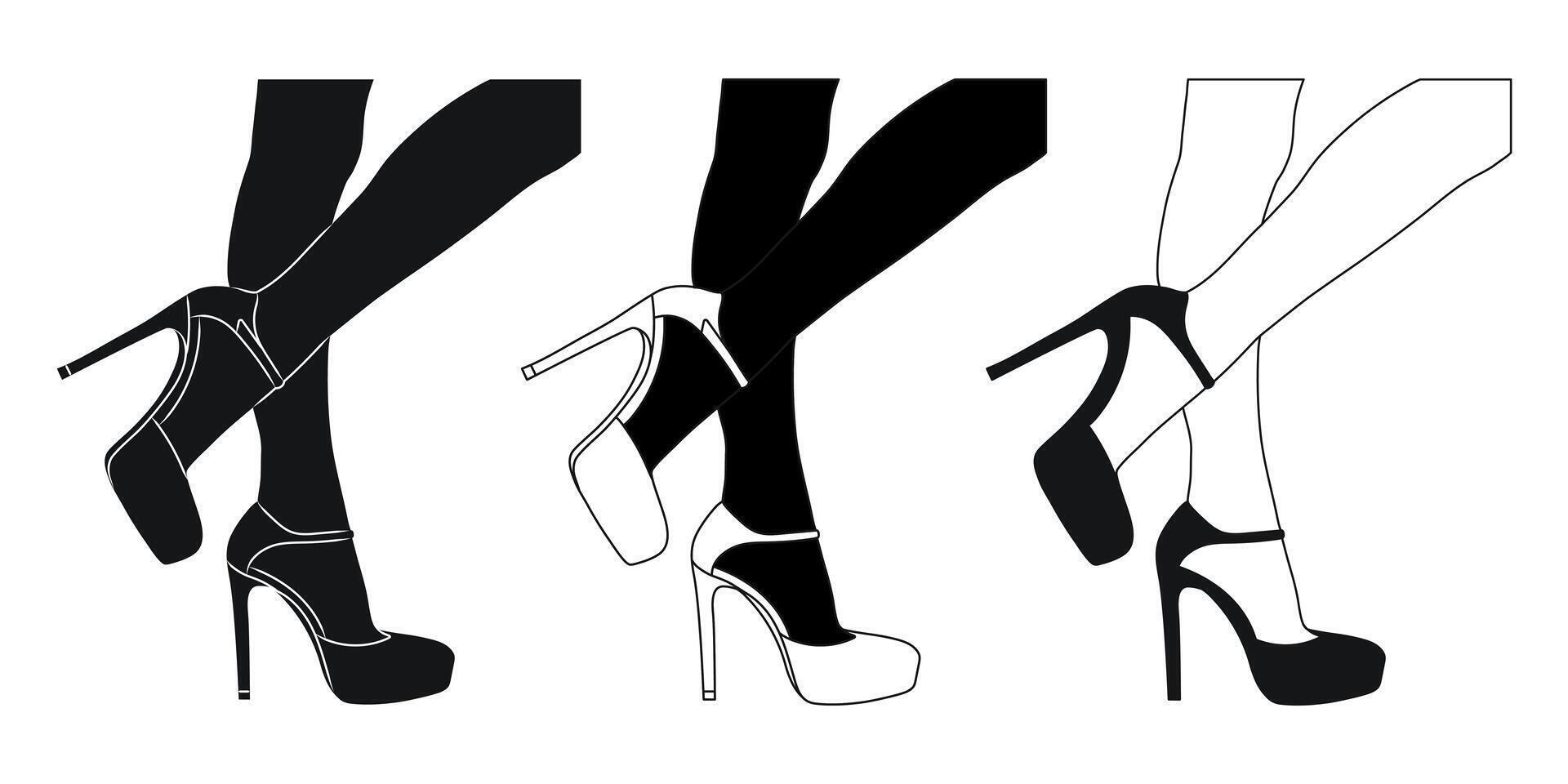 silhouet schets van vrouw poten in een houding. schoenen stiletto's, hoog hakken. wandelen, staan, rennen, springen, dans vector