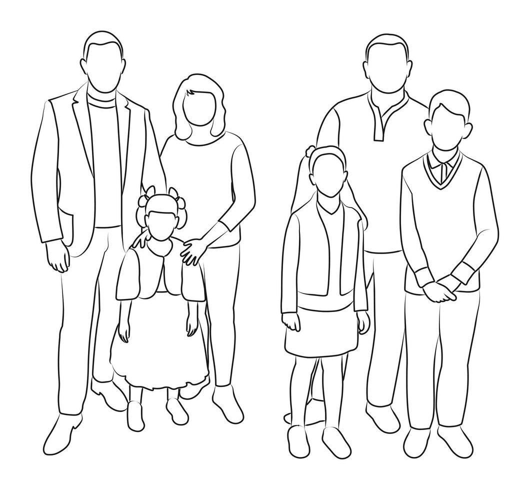schetsen van silhouet van gezinnen gedurende vakantie, poseren vector