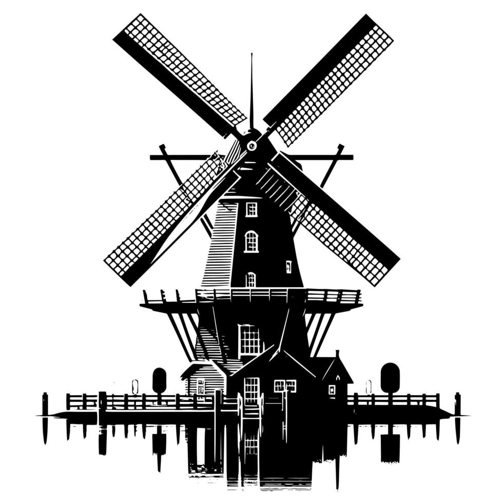 zwart en wit illustratie van een traditioneel oud windmolen in Holland vector