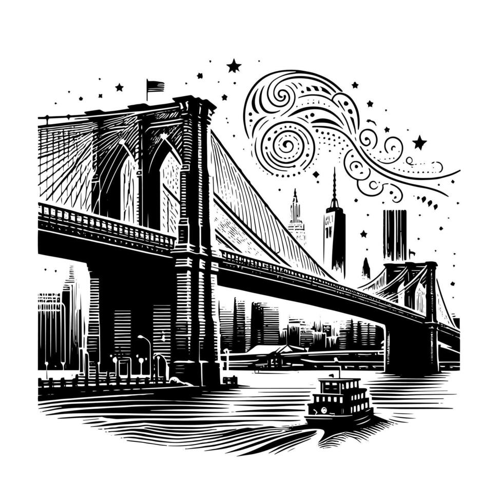 zwart en wit illustratie van Brooklyn brug in nieuw york stad Manhattan vector