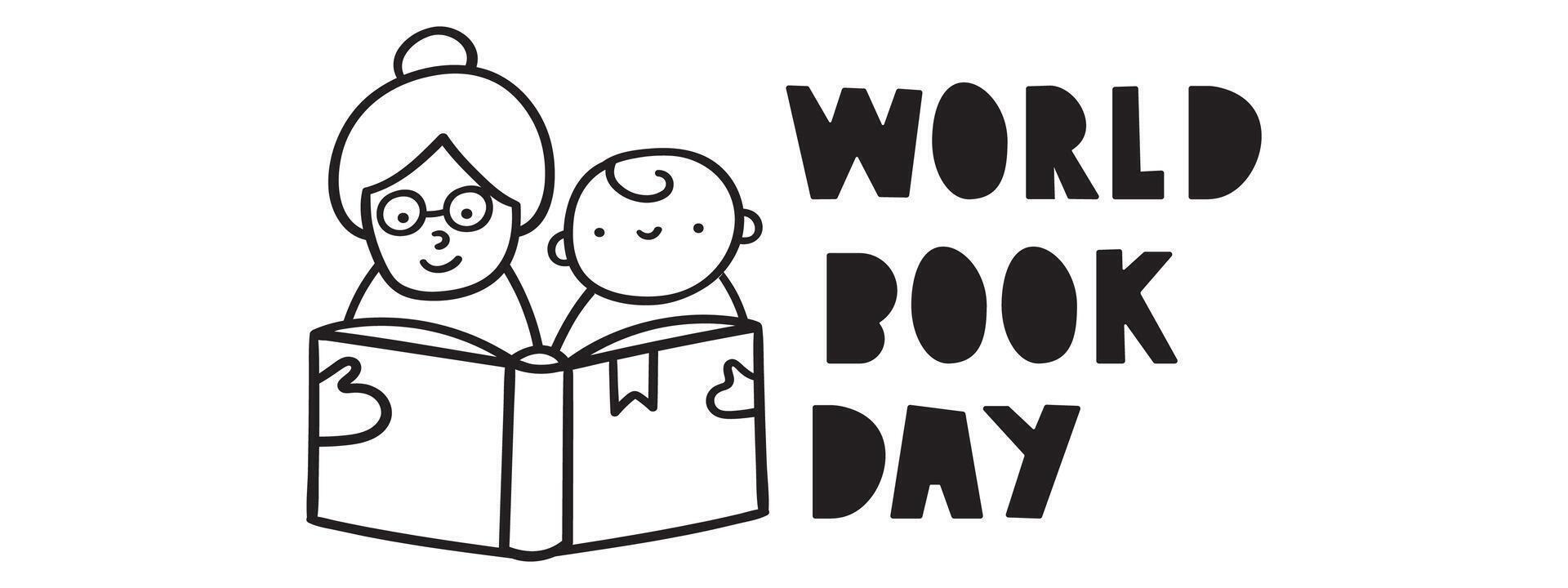 wereld boek dag. grootmoeder en weinig jongen lezing een boek. schets ontwerp. illustratie Aan wit achtergrond. vector
