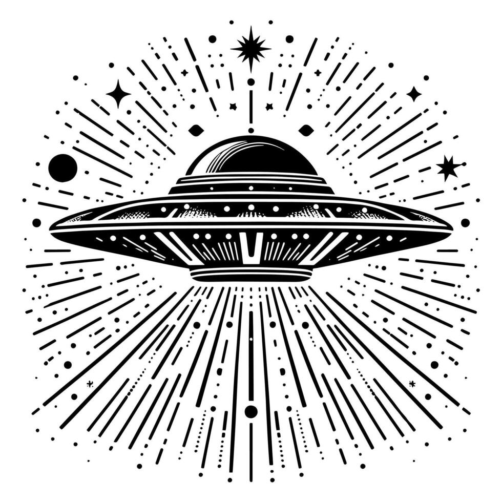 zwart en wit illustratie van een ufo vliegend schotel vector