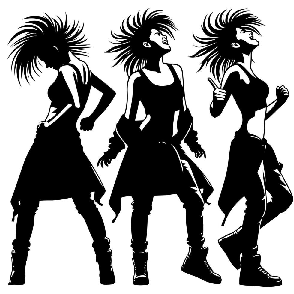 zwart en wit illustratie van een punk- vrouw is dansen en beven in een geslaagd houding vector