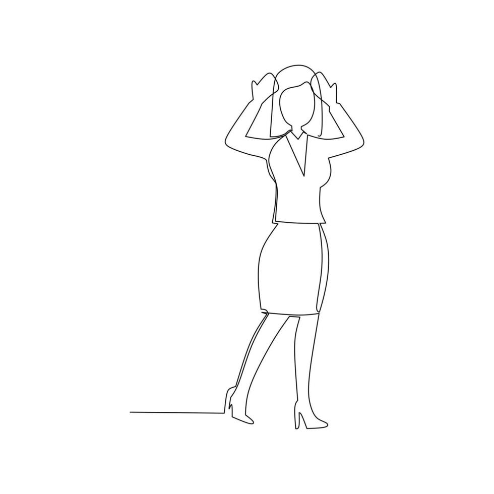 doorlopend lijn tekening van een zakenvrouw Holding haar hoofd. spanning in werk illustratie. bedrijf concept ontwerp. vector
