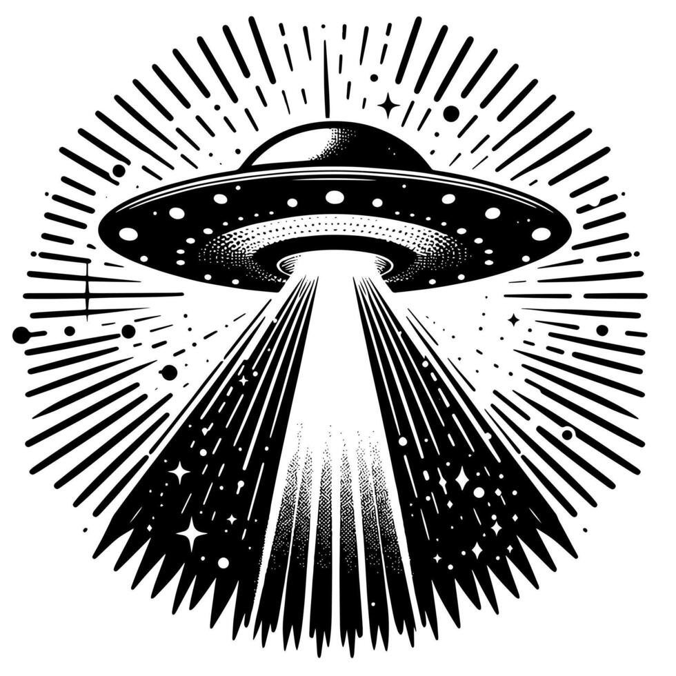 zwart en wit illustratie van een ufo vliegend schotel vector