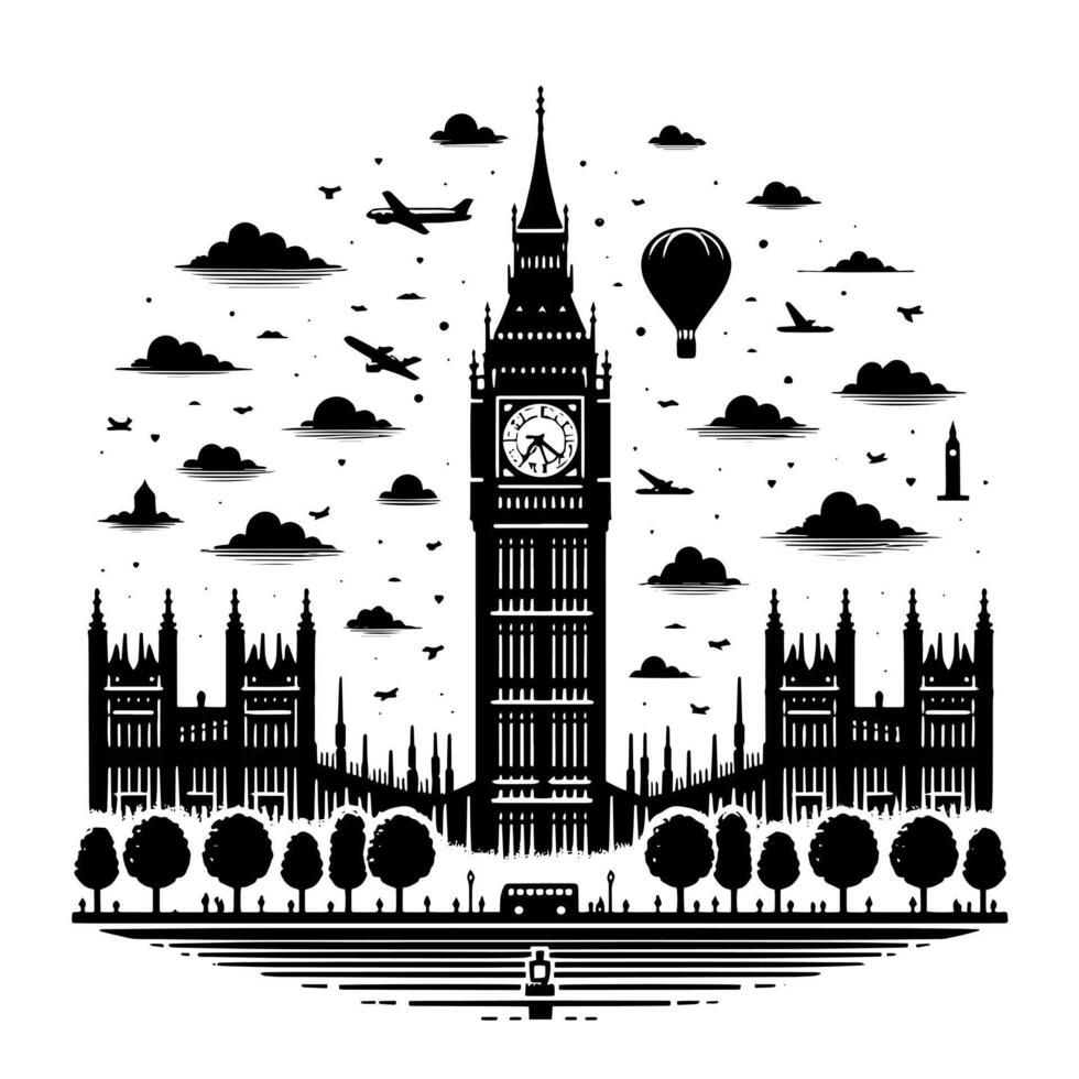 zwart en wit illustratie van groot ben toren in Londen vector