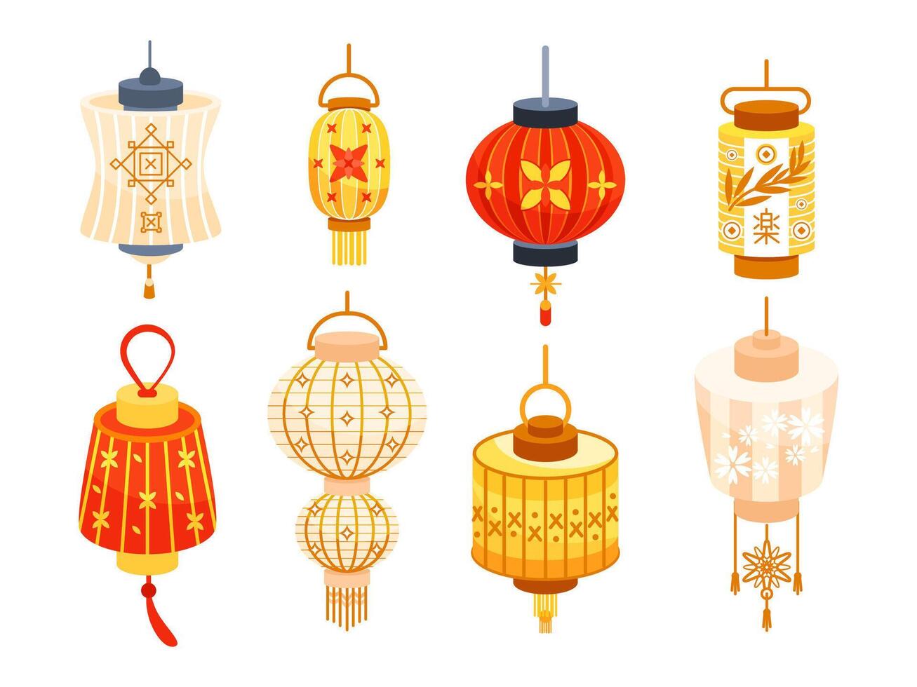 Japans of Chinese divers lantaarns. China traditioneel rood papier licht lantaarns. Chinatown traditioneel vector