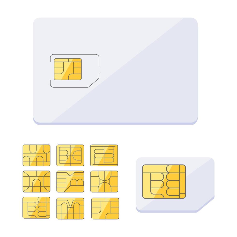 cellulair telefoon sim kaart spaander set. slim cellulair draadloze communicatie gsm chippen. micro en nano vector