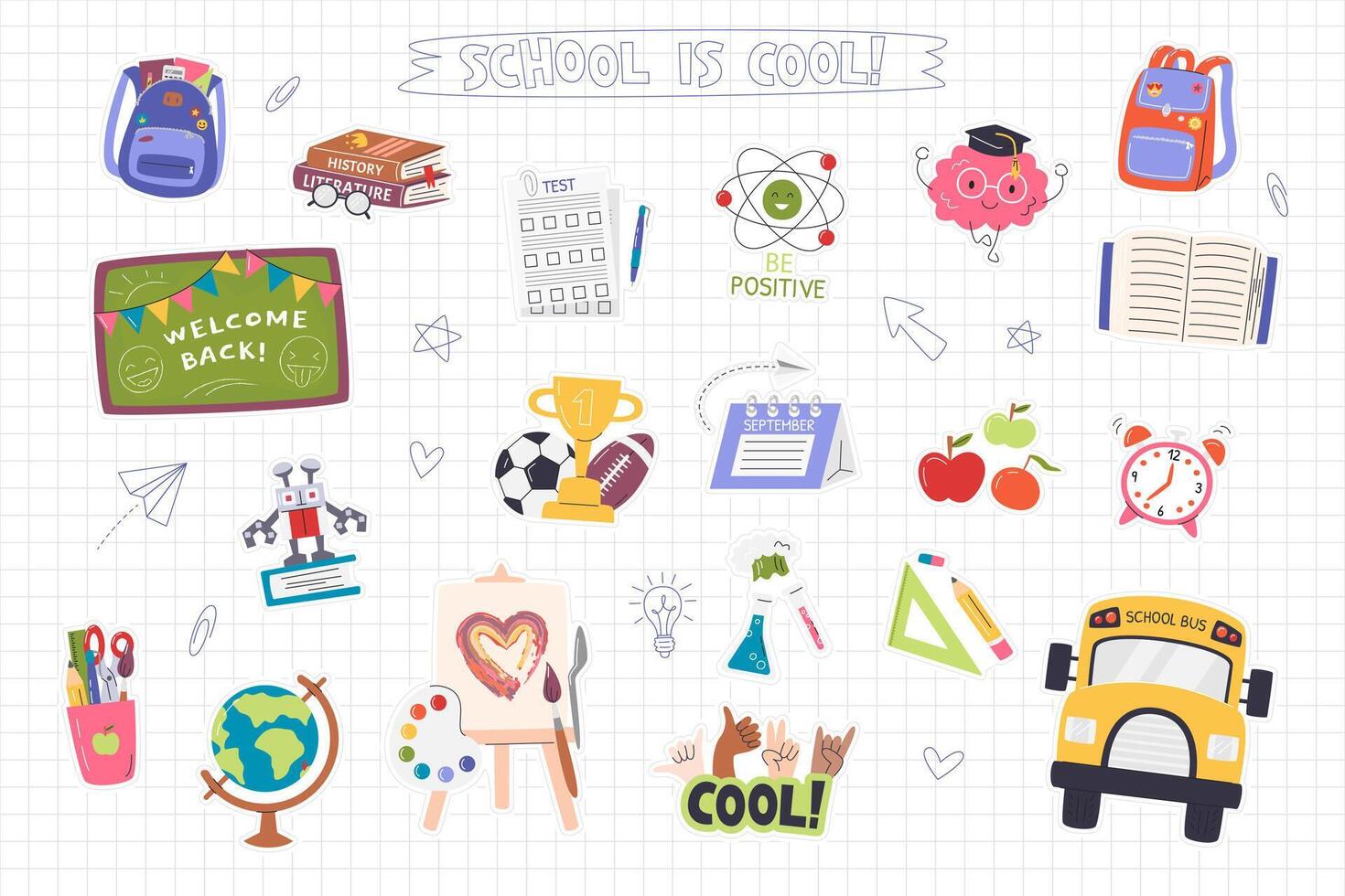 school- benodigdheden en onderwijs verwant elementen. kinderen schrijfbehoeften sticker set. belettering en tekening tekeningen geïsoleerd Aan papier effect achtergrond. terug naar school- hand- getrokken vlak illustratie vector