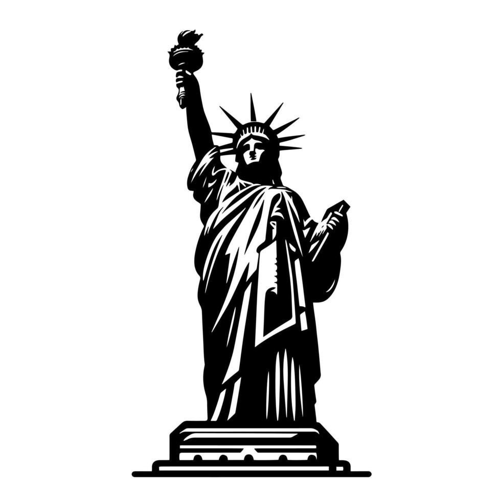 zwart en wit illustratie van de standbeeld van vrijheid bezienswaardigheden bekijken in nieuw york stad vector