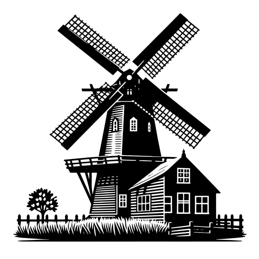 zwart en wit illustratie van een traditioneel oud windmolen in Holland vector