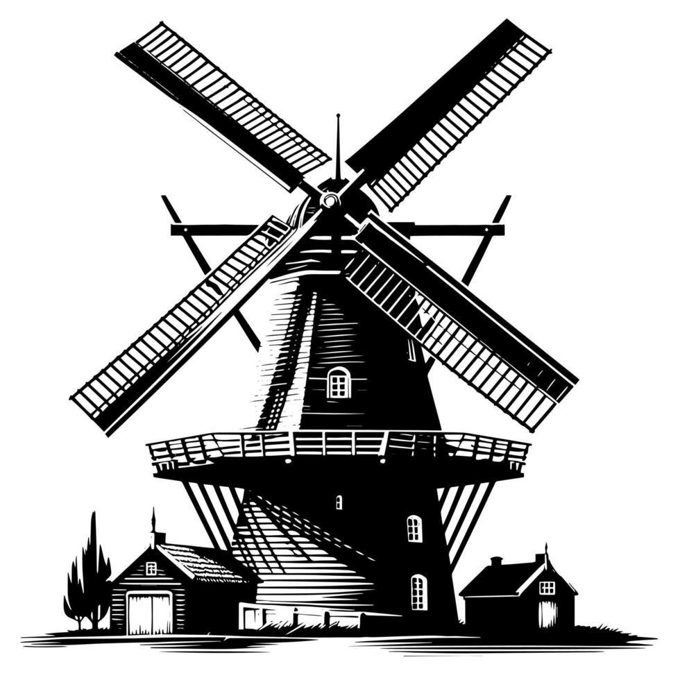 zwart en wit illustratie van een traditioneel oud windmolen in Holland vector